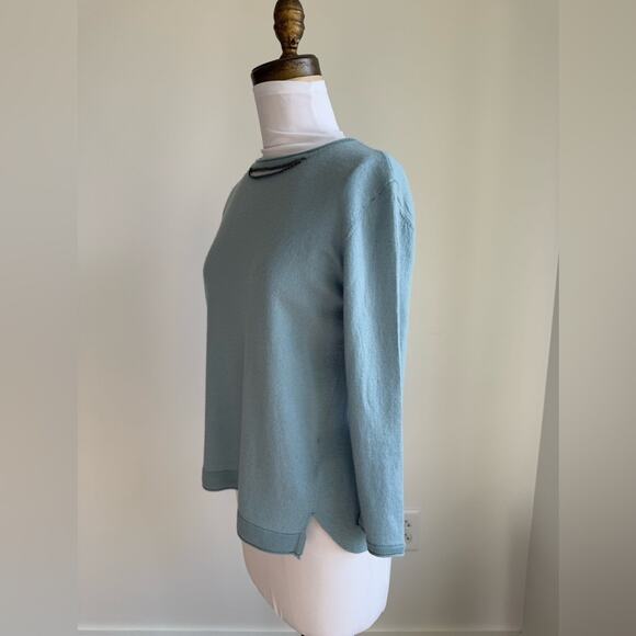 DOROTHEE SCHUMACHER POWDER BLUE WOOL SWEATER 3/4 HARDWARE CUTOUT MEDIUM - Picture 5 of 9